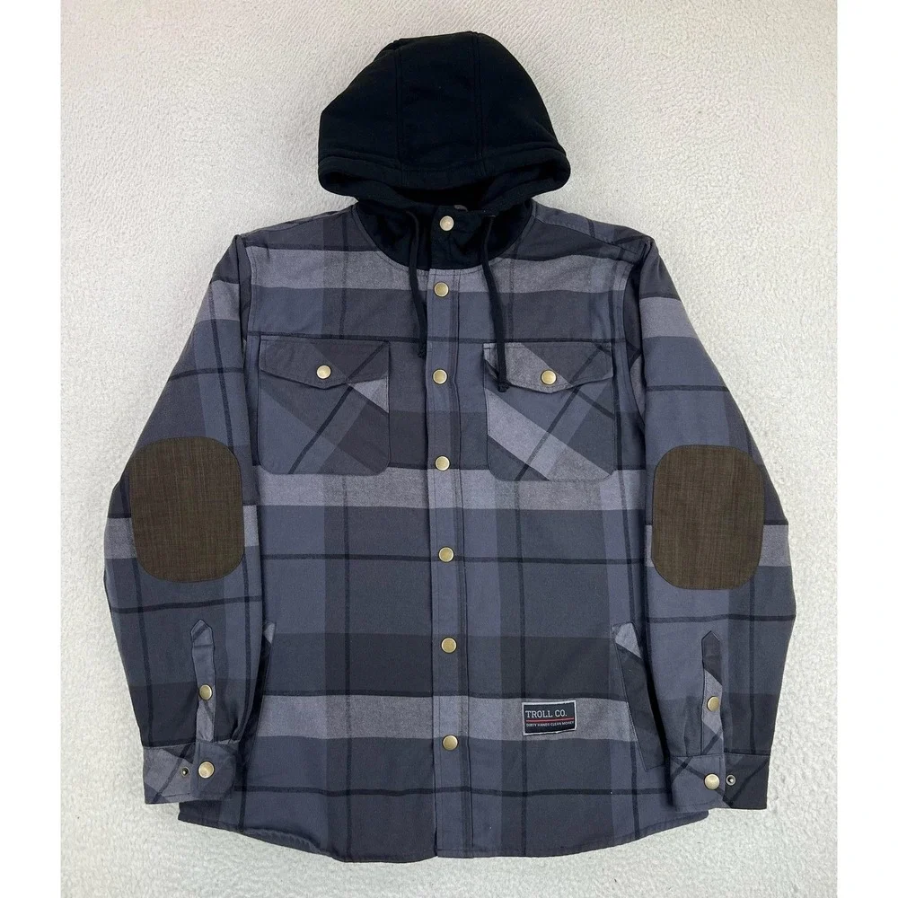 Troll Co Jacket Mens Large Gray Plaid Hooded Sherpa Lined Flannel Workwear